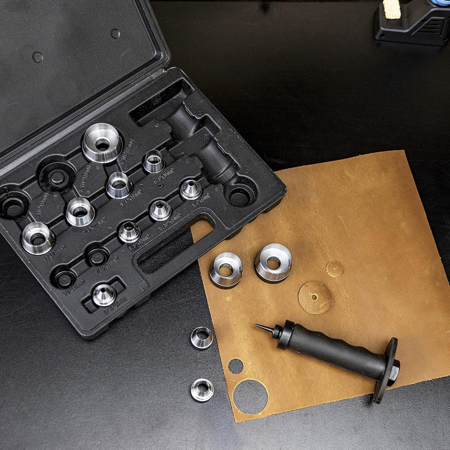 NEIKO 02604A Hole Punch Set | SAE & Metric, 3/16” – 1-3/8” & 5 – 35mm | 14 Piece Sharp Hollow Hole Punch Kit, Gasket Cutting Puncher, Foam Cutter, & Leather Hole Punches | 6” Interchangeable