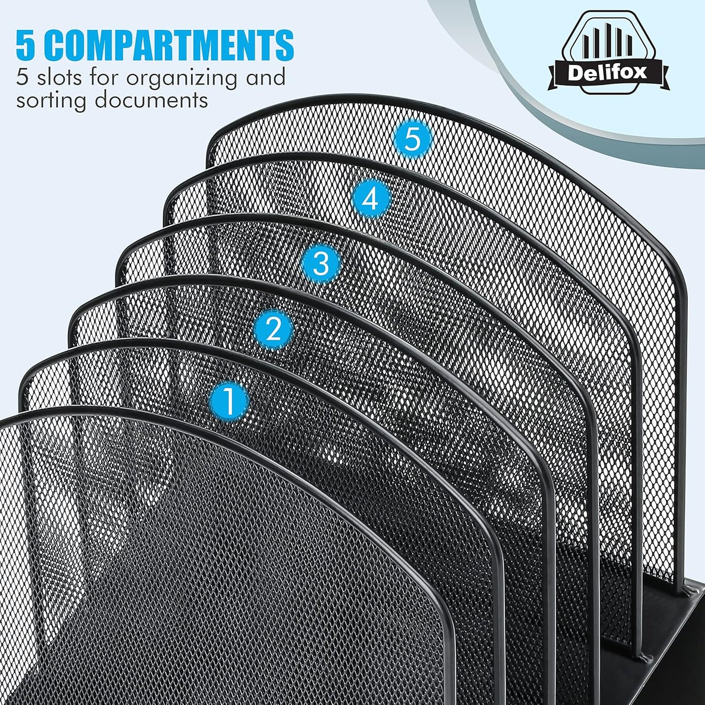 Inclined Desk File Organizer, 5-Section Vertical File Folder Holder Stand Metal Rack File Sorter for Office Classroom Desktop Organization (Black, 1Pack)