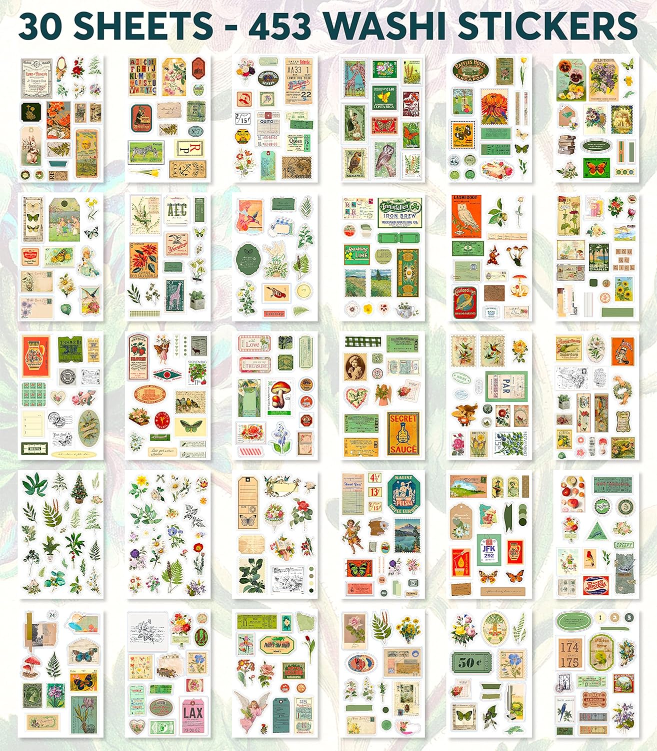 Washi Vintage Stickers for Scrapbooking - Ephemera Book for Journaling with 453 Stickers and 20 Scrapbook Papers. Ephemera for Junk Journals, Journaling Supplies